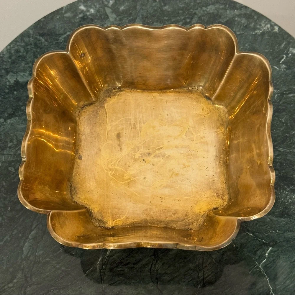Vintage   Brass Bowl  Gold Planter Footed Dish Segmented Scalloped